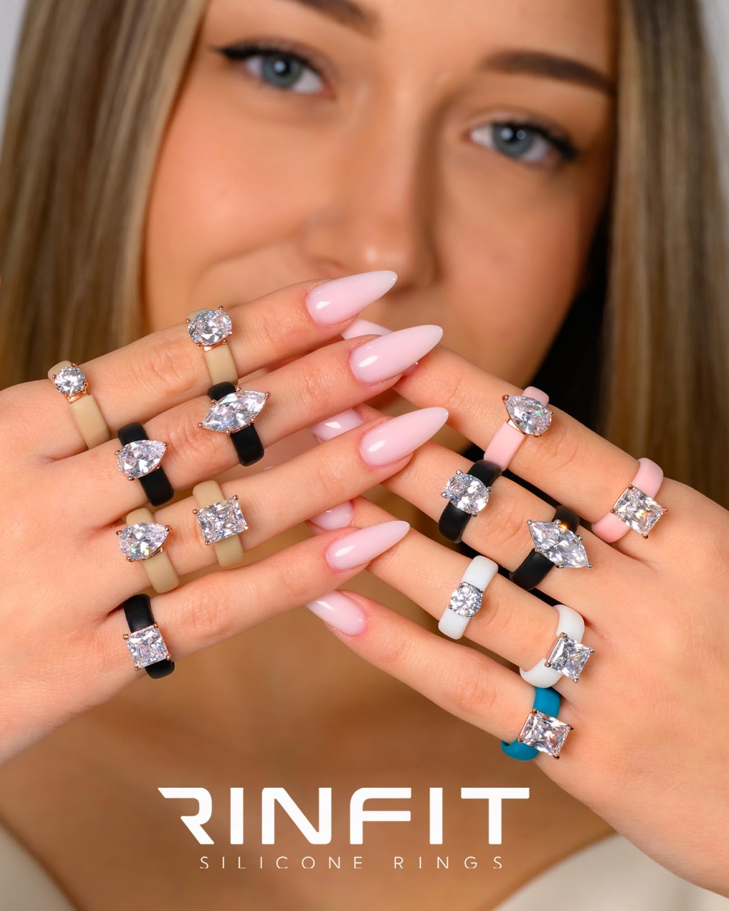 Rinfit Silicone Ring with Stone - Emerald Cut Cubic Zirconia Solitaire Engagement Ring for Women - Rubber Wedding Bands - Nude/Rose Gold - Size 8