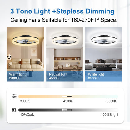 Ceiling Fans with Lights and Remote, 20" Fandelier Ceiling Fan Flush Mount, 3000K-6500K Smart Bladeless LED Fan Light, Modern Low Profile Ceiling Fan with Light for Bedroom, Kids Room and Living Room.