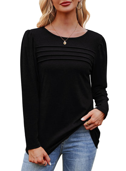 OFEEFAN Womens Long Sleeve Tops Fall Fashion 2025 Dressy Casual Pleated Front Solid Flowy Tunic Tops for Leggings Black S