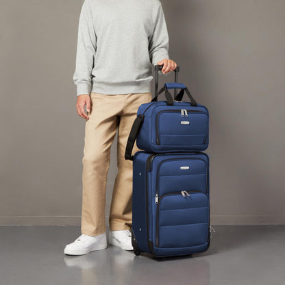 Amazon Basics Luggage Sets, Carry-On 23-Inch, tote 15-Inch, Suitcase With Wheels, Expandable Extra Space (+15%), Front Pockets and Telescopic Handle, Navy Blue
