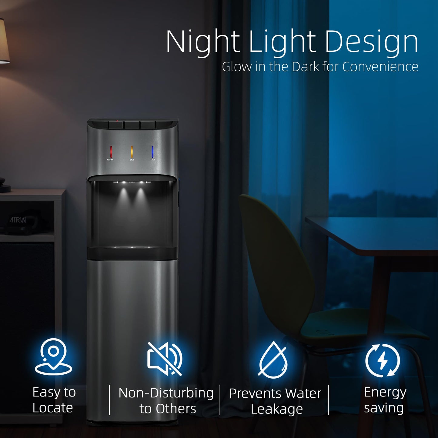 Manastin Bottom Loading Water Cooler Dispenser for 3-5 Gallon Bottles, 3 Temperature - Hot, Cold & Room Water with Child Lock, Ideal Design for Home & Office, Mirror Silver