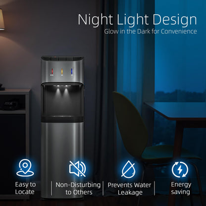 Manastin Bottom Loading Water Cooler Dispenser for 3-5 Gallon Bottles, 3 Temperature - Hot, Cold & Room Water with Child Lock, Ideal Design for Home & Office, Mirror Silver