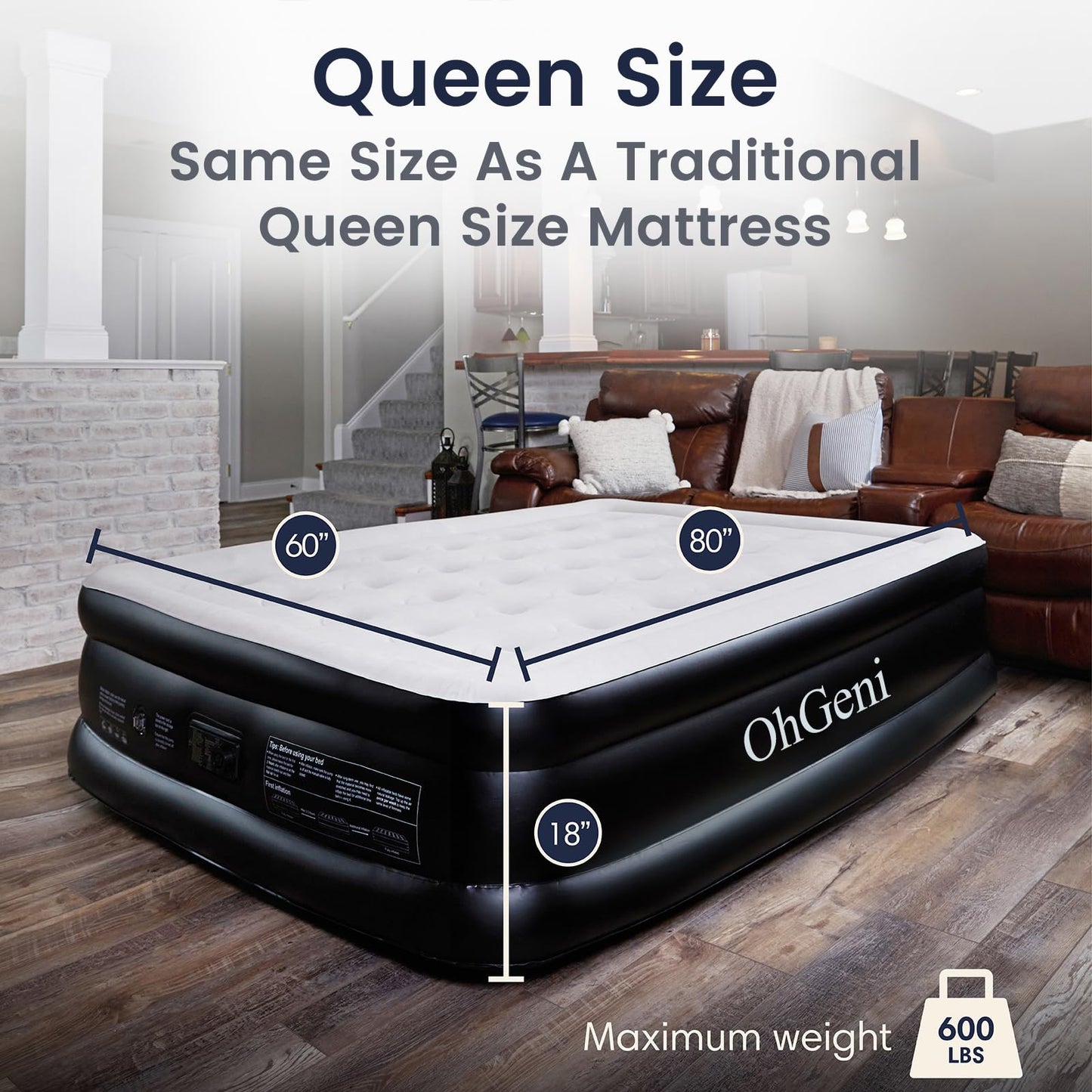 OhGeni Air Mattress Queen with Built-in Pump for Guest, 18" Tall Colchon Inflable Camping Blow Up Air Bed with Carrying Bag, Quick Inflation/Deflation Airbed, Foldable & Portable Air Mattress, Black