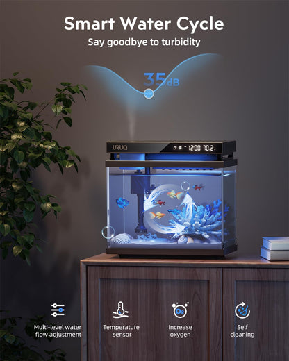 Fish Tank Smart Aquarium Kit: 2 Gal UHD Glass Silent Water Pump Self Cleaning System Temperature Monitoring Essential Oil Diffuser with Humidifier 7 Color Lights Multi-Layer Filtration System Black