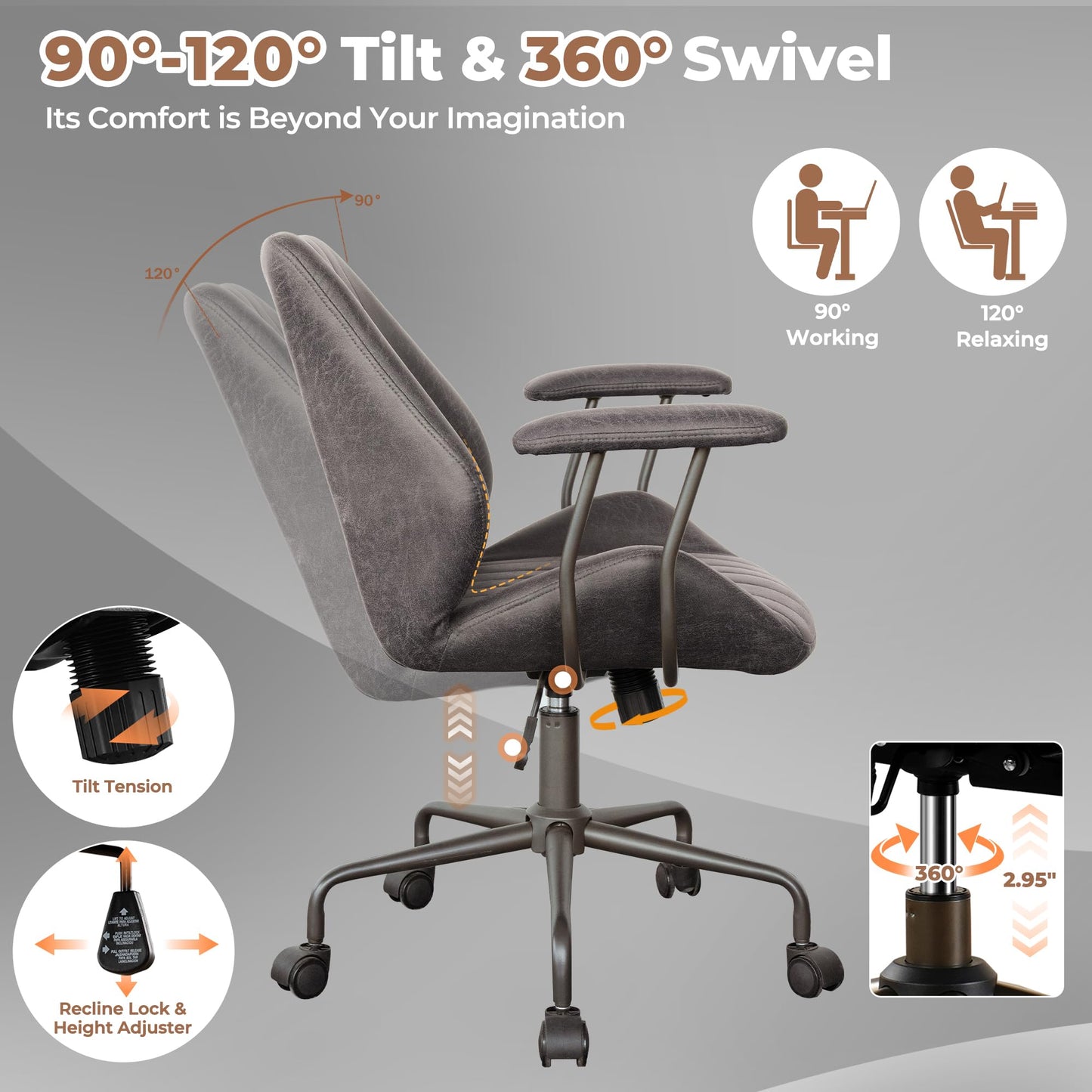 ovios Ergonomic Office Chair, Mid Back Faux Leather Executive Chairs with Armrests, Comfy Mid-Century Modern Swivel Rolling Computer Armchair (Dark Grey, Suede Leather)