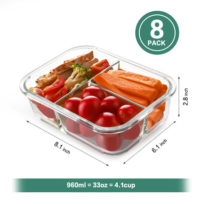 HOMBERKING 8 Pack Glass Meal Prep Containers 3 Compartment, 36oz Glass Food Storage Containers with Lids, Airtight Glass Lunch Bento Boxes, BPA-Free & Leak Proof (8 lids & 8 Containers) - Black