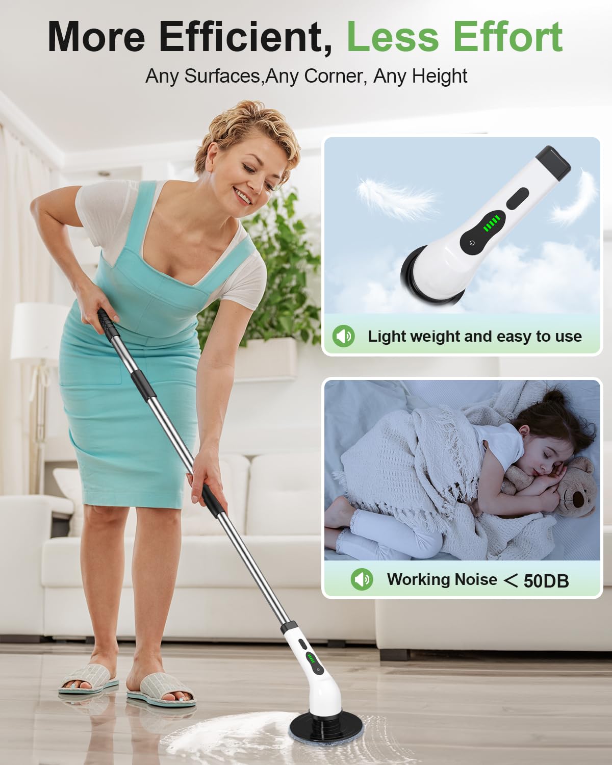 Electric Spin Scrubber, Cordless Bathroom Shower Cleaner, Cleaning Brush with 9 Brush Heads 2H Power Dual Speed, Adjustable Extension Handle, IPX7 Waterproof for Tub Tile Floor Car, CA3-White