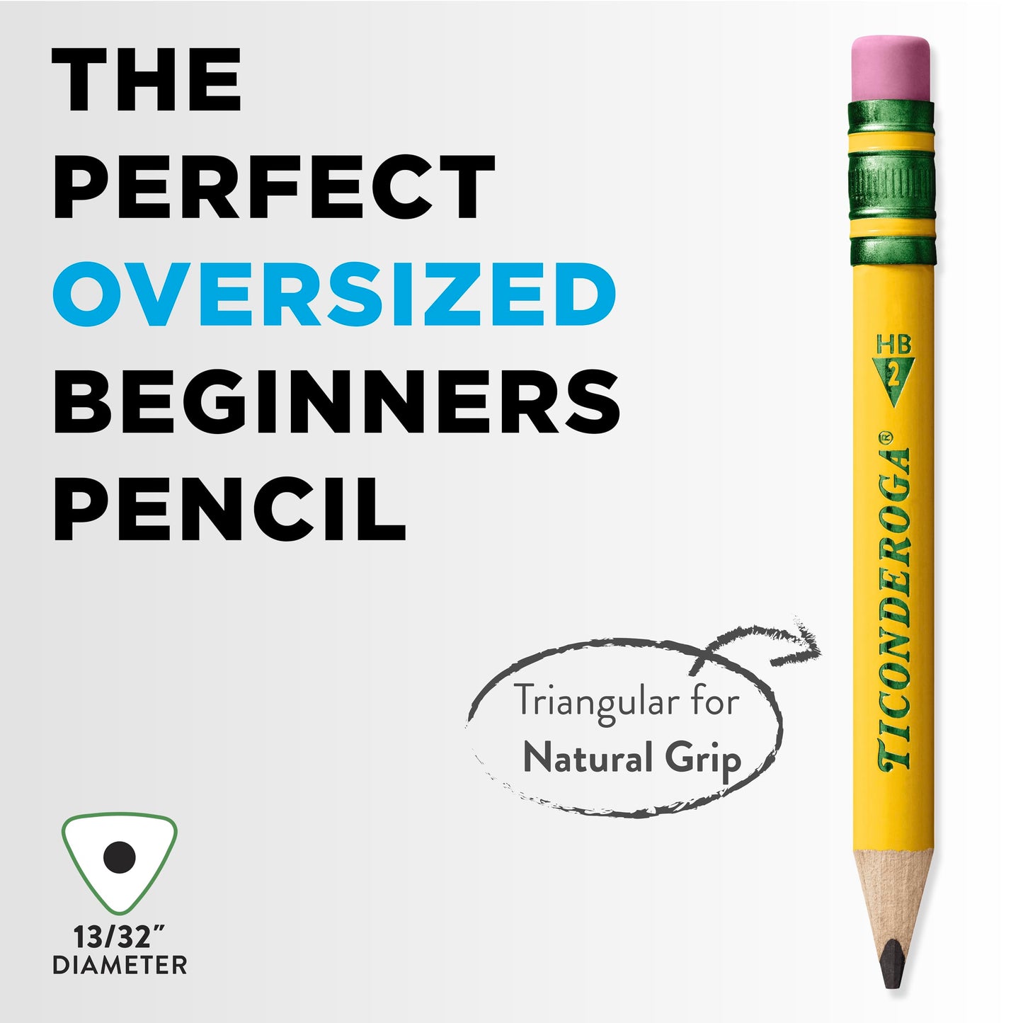 Ticonderoga My First Short Triangular Wood-Cased Pencils, #2 HB Soft, With Erasers, Yellow, 12 Count