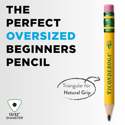 Ticonderoga My First Short Triangular Wood-Cased Pencils, #2 HB Soft, With Erasers, Yellow, 12 Count
