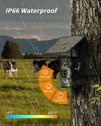 Loatos Trail Camera, 2k HD Live Feed Cellular Trail Cameras with Built-in SIM Card 4G Unlimited Data Plan Game Camera Solar Powered Motion Activated IP66 Waterproof Trail Cam No WiFi Needed