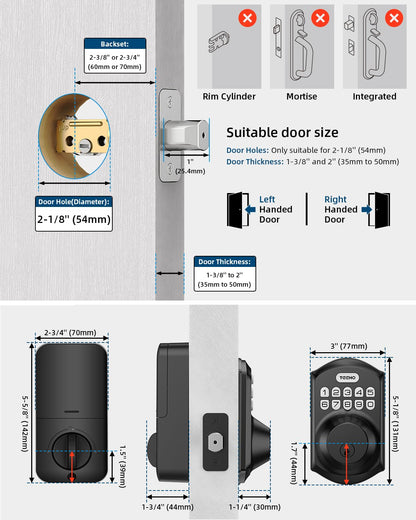 TEEHO TE001 Keyless Entry Door Lock with Keypad - Smart Deadbolt Lock for Front Door with 2 Keys - Auto Lock - Easy Installation - Matte Black