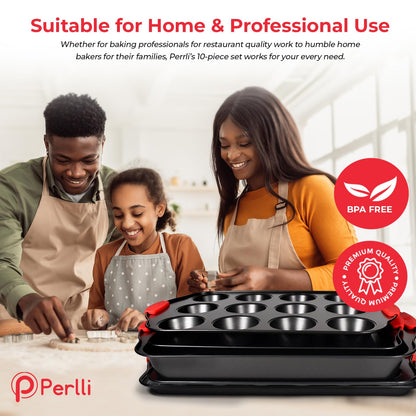 Perlli Baking Pan 10 Piece Set Nonstick Carbon Steel Oven Bakeware Kitchen Set with Silicone Handles, Cookie Sheets, Round Cake Pans, Square Pan, Loaf Pan, Roasting Pan, Pizza Crisper, Muffin Pans