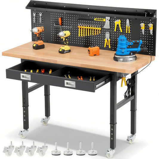ENJOYWOOD Workbench with Wheels 60 Inch Heavy Duty Rubberwood Tabletop Work Bench for Garage Adjustable Height Work Table with Pegboard, Drawers, Power Outlets for Woodworking, Home, Office, Workshop