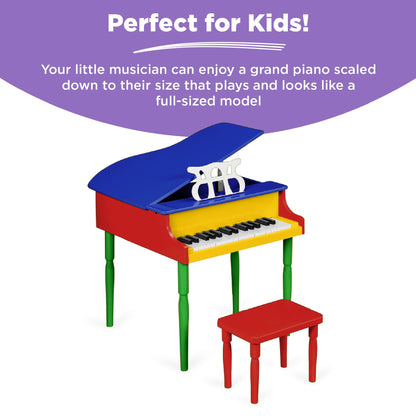 Best Choice Products Kids Classic Wooden 30-Key Mini Grand Piano Musical Instrument Toy w/ Piano Lid, Bench, Foldable Music Rack, Song Book, Note Stickers, Enamel Finish - Multi-Color