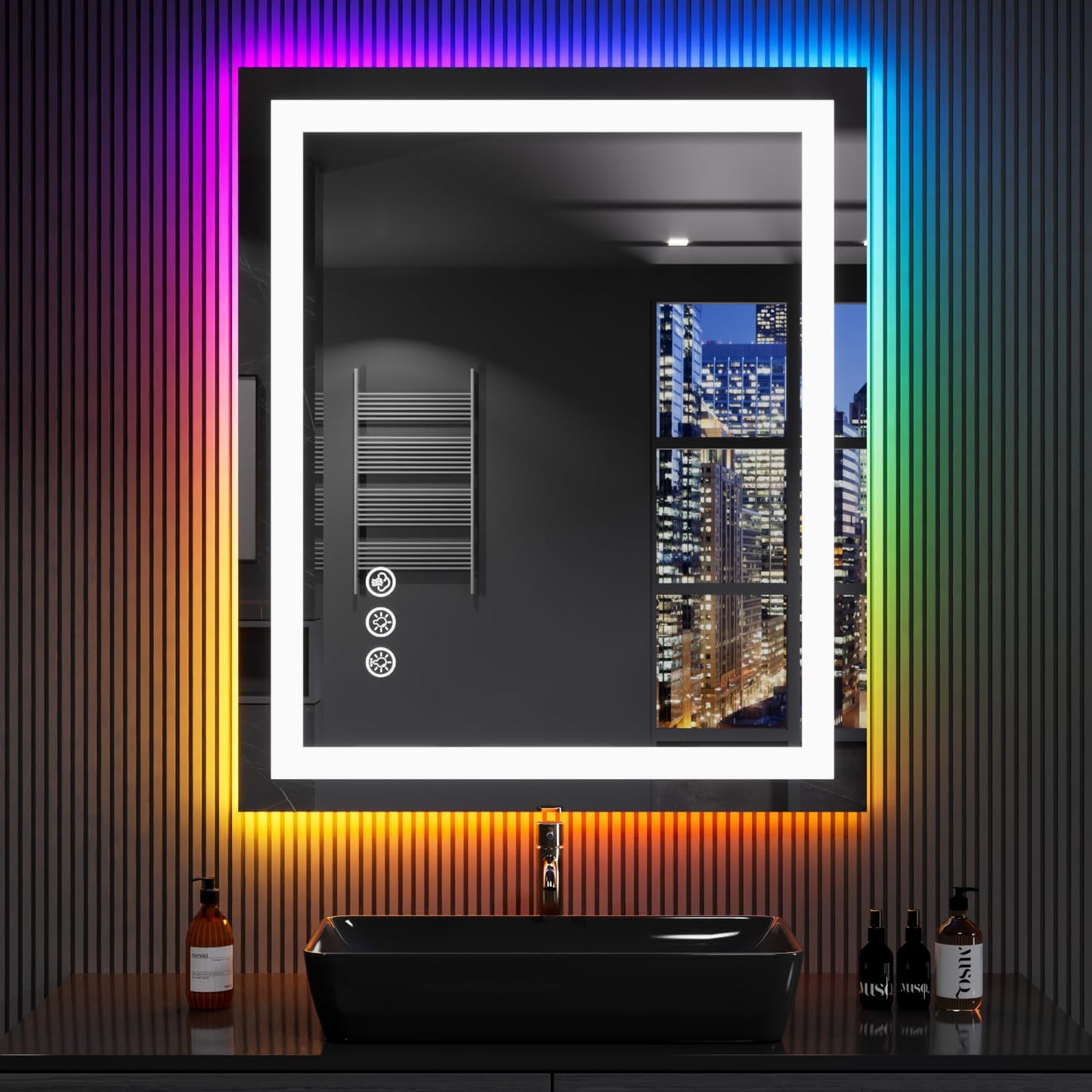 LOAAO 30"X36" LED Bathroom Mirror with Lights, Anti-Fog, Dimmable, RGB Backlit + Front Lighted, Bathroom Vanity Mirror for Wall, Memory Function, Waterproof, Tempered Glass