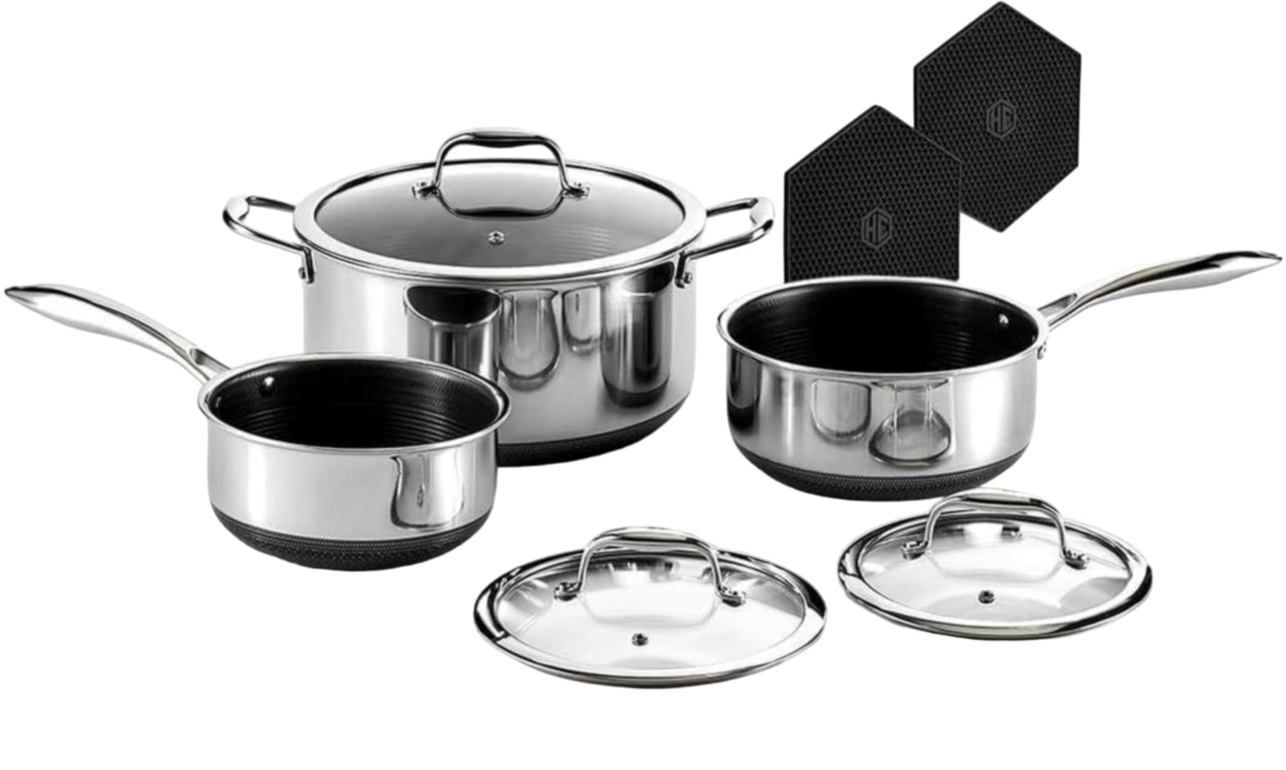 HexClad Hybrid Nonstick 6-Piece Pot Set with Trivets, 2, 3, and 8-Quart Pots with Tempered Glass Lids, 2 Silicone Trivets Included, Dishwasher Safe, Compatible with All Cooktops