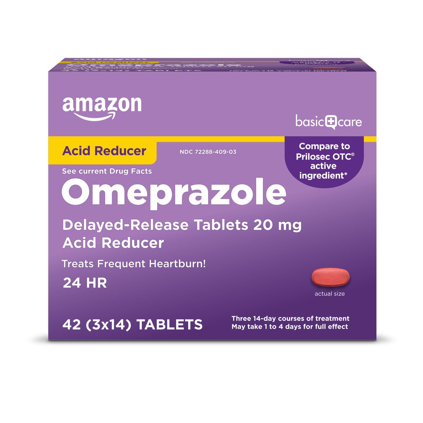 Amazon Basic Care Omeprazole Delayed Release Tablets 20 mg, Treats Frequent Heartburn, Acid Reducer, Heartburn Medicine, 42 Count (Pack of 1) (Packaging may vary)