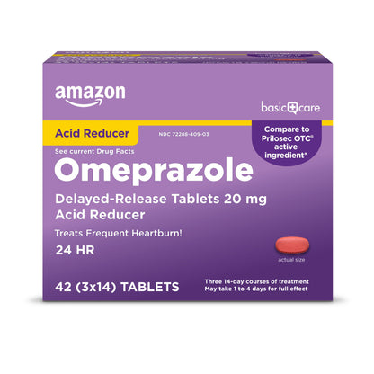 Amazon Basic Care Omeprazole Delayed Release Tablets 20 mg, Treats Frequent Heartburn, Acid Reducer, Heartburn Medicine, 42 Count (Pack of 1) (Packaging may vary)