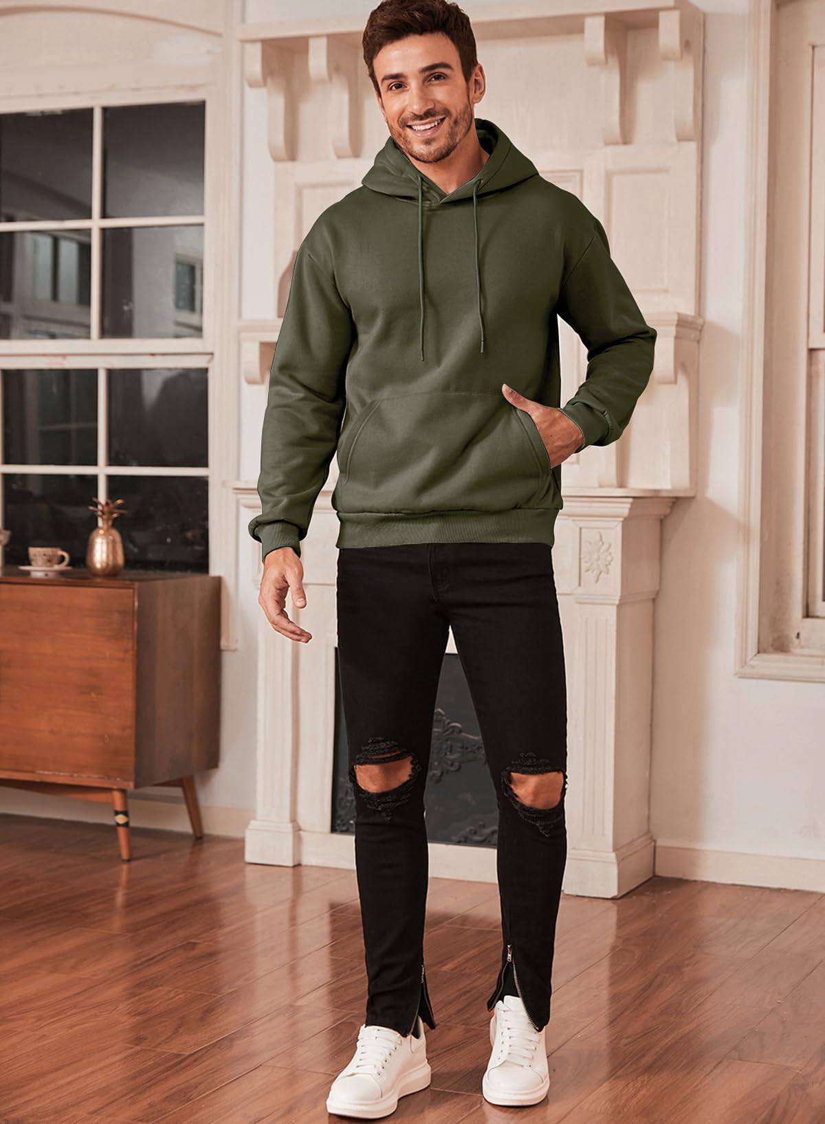 JMIERR Fall Sweatshirts for Mens Comfy Simple Plain Drawstring Hoodies Collar Fleece Long Sleeve with Pockets Hooded Pullovers Casual Loose Fit Shirts Cotton Sweater, US43(L), Green