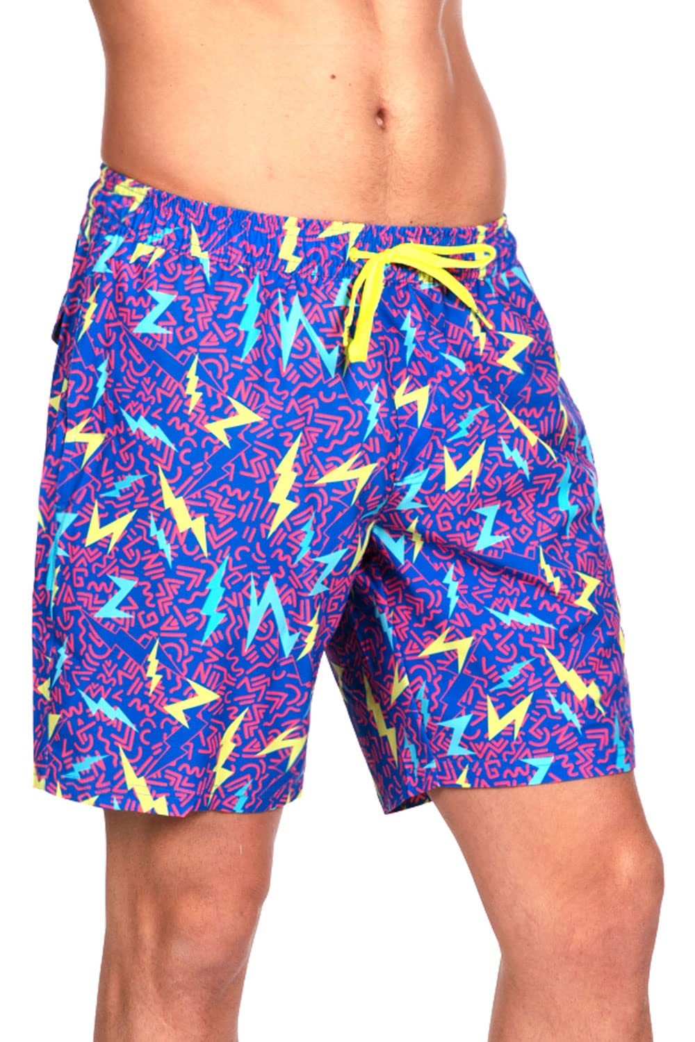 Tipsy Elves Men's Swim Trunks - 7 in Inseam 4-Way Stretch Fabric Compression & Mesh Liner Swimming Shorts for Men Bathing Suit - Neon Swim Shorts - Blue Grease Lightning Swim Trunks Size Medium