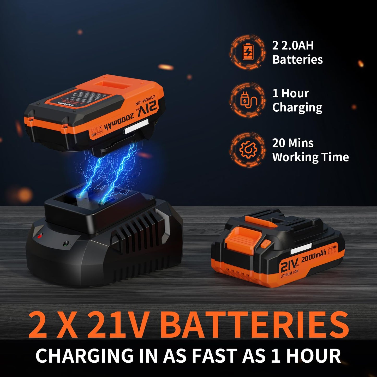 Leaf Blower, 21V Cordless Electric Blower with 2 2.0Ah Batteries and 1 Hour Fast Charger, Lightweight Leaf Blower for Patio Cleaning, Lawn Care, Blowing Fallen Leaves and Dust, etc.