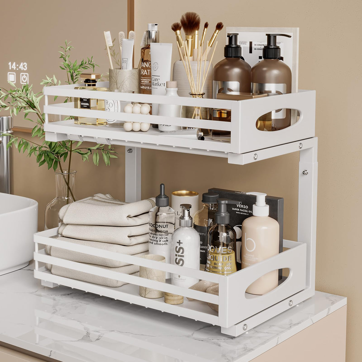 mixeshop Under Sink Organizer, Pull Out Cabinet Organizers, Slide Sink Steel Shelf Cabinet Storage Shelves, Under Sink Storage for Kitchen Bathroom Cabinet (White, 2 Pack)