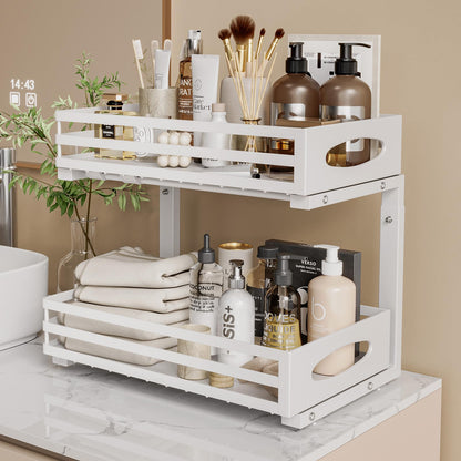 mixeshop Under Sink Organizer, Pull Out Cabinet Organizers, Slide Sink Steel Shelf Cabinet Storage Shelves, Under Sink Storage for Kitchen Bathroom Cabinet (White, 2 Pack)