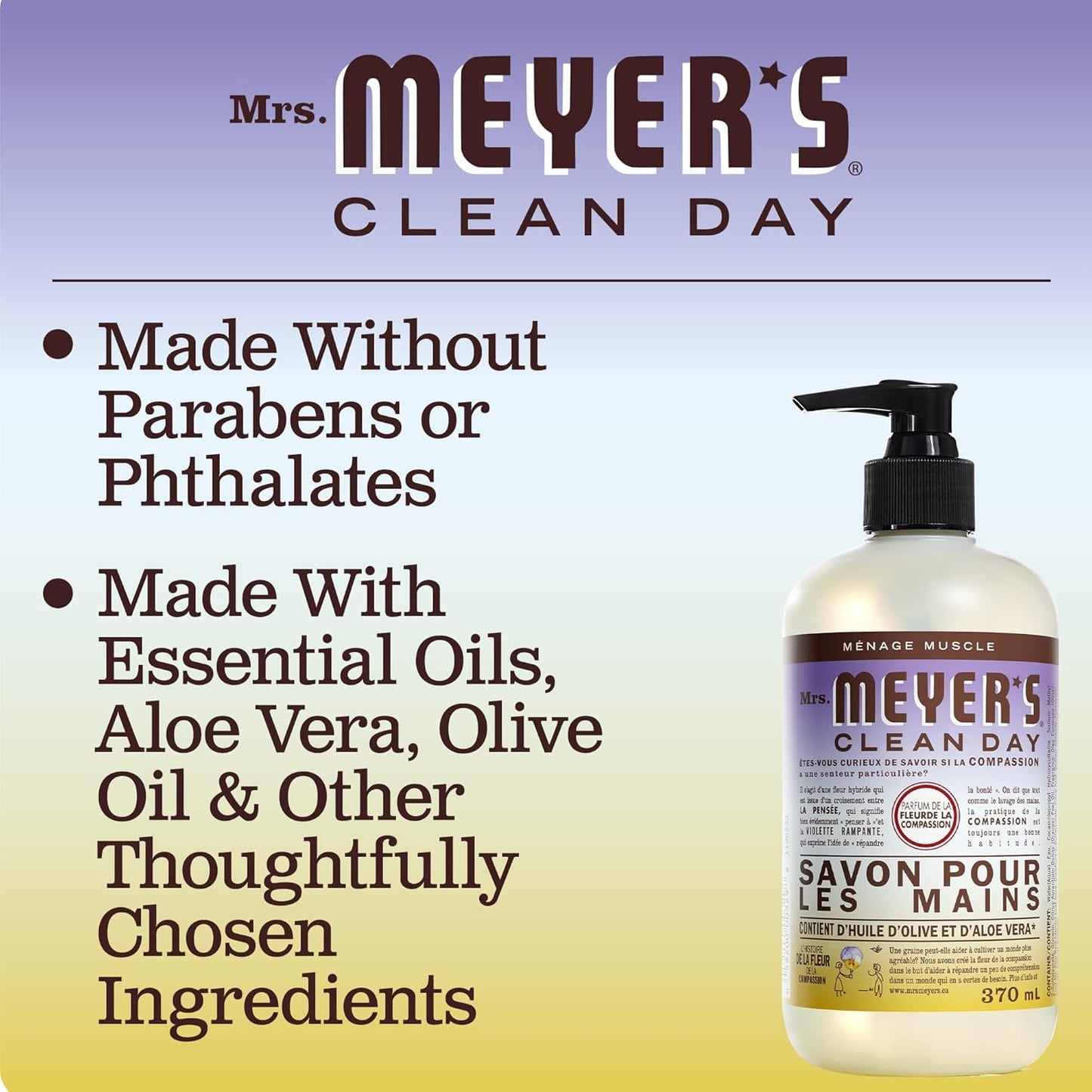 MRS. MEYER'S CLEAN DAY Hand Soap, Made with Essential Oils, Compassion Flower, 12.5 fl. oz - Pack Of 3