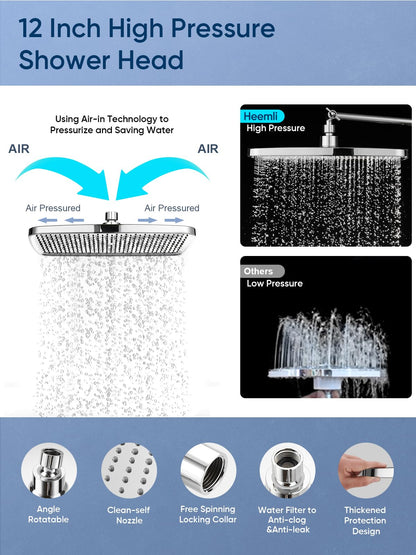 Heemli 12-inch Rain Showerhead - Dual Showerheads, High Pressure Showerhead with 8 Pattern Handheld Sprayer Set - Height Adjustable Upgrade Extension Arm, Chrome Plated
