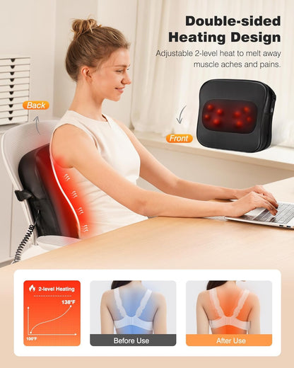 Back Massager with Heat - Shiatsu Neck Massager Deep Tissue 2-in-1 Kneading Chair Massage Pillow for Lower Back/Leg/Shoulder - Lumbar Support Pillow for Back Pain Relief - Gifts for Mom Dad Women