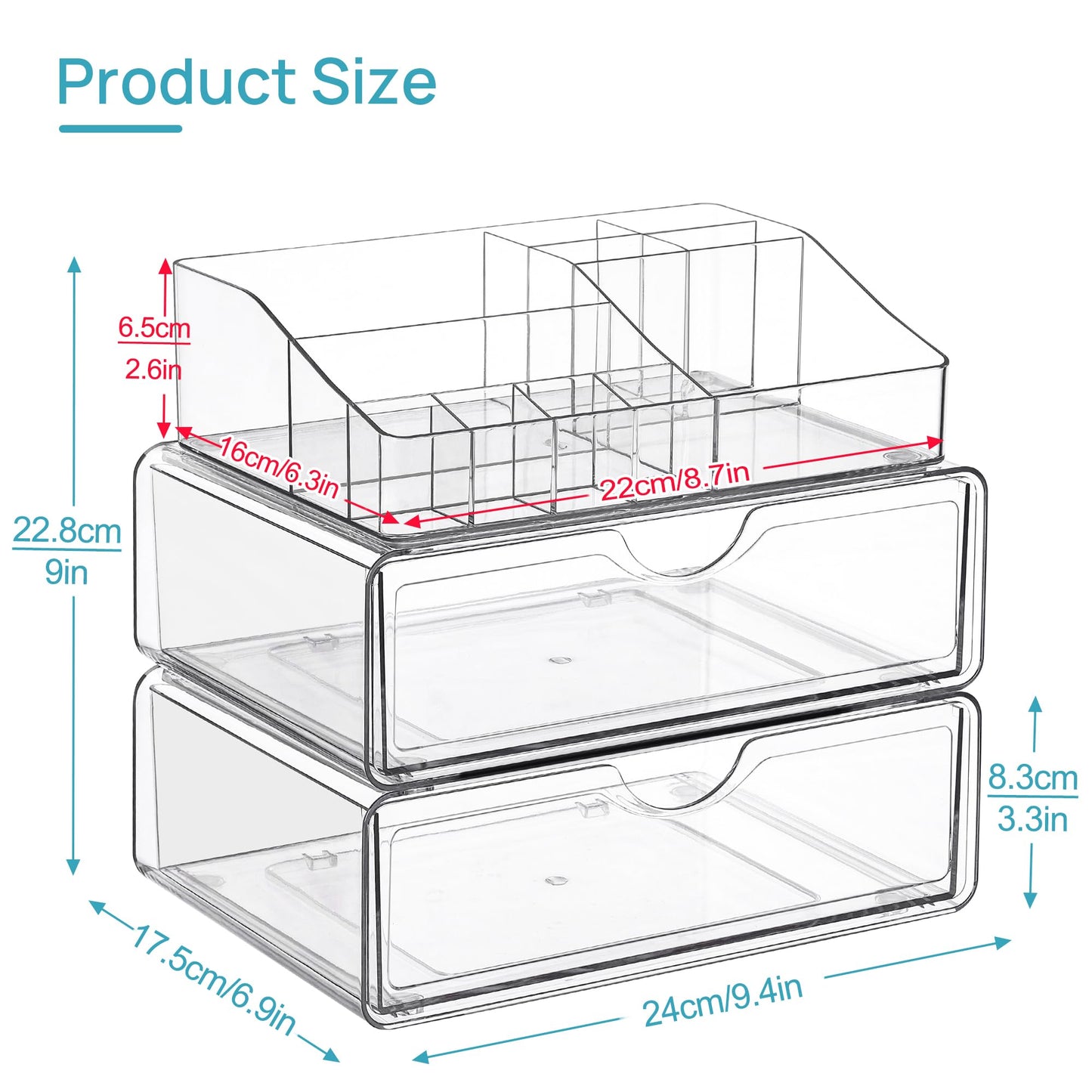 Vtopmart 3 Tier Clear Makeup Organizer with Drawer, Cosmetic Storage for Dresser Countertop and Bathroom Vanity, Beauty Holder for Lipstick Brush Skincare