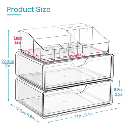 Vtopmart 3 Tier Clear Makeup Organizer with Drawer, Cosmetic Storage for Dresser Countertop and Bathroom Vanity, Beauty Holder for Lipstick Brush Skincare