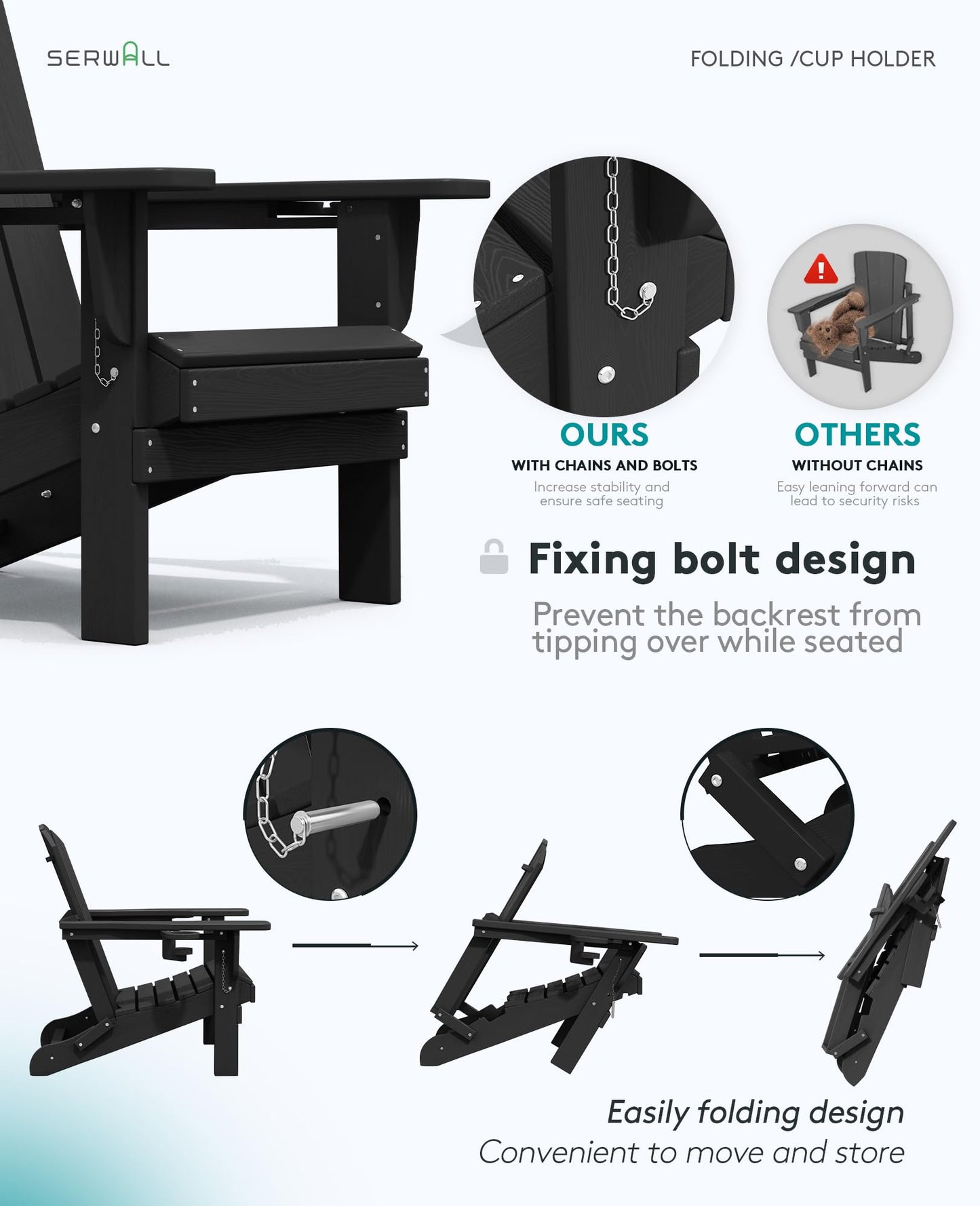 SERWALL HDPE Folding Adirondack Chair with Dual Cup Holder - Composite Adirondack Chair Set of 4- Black