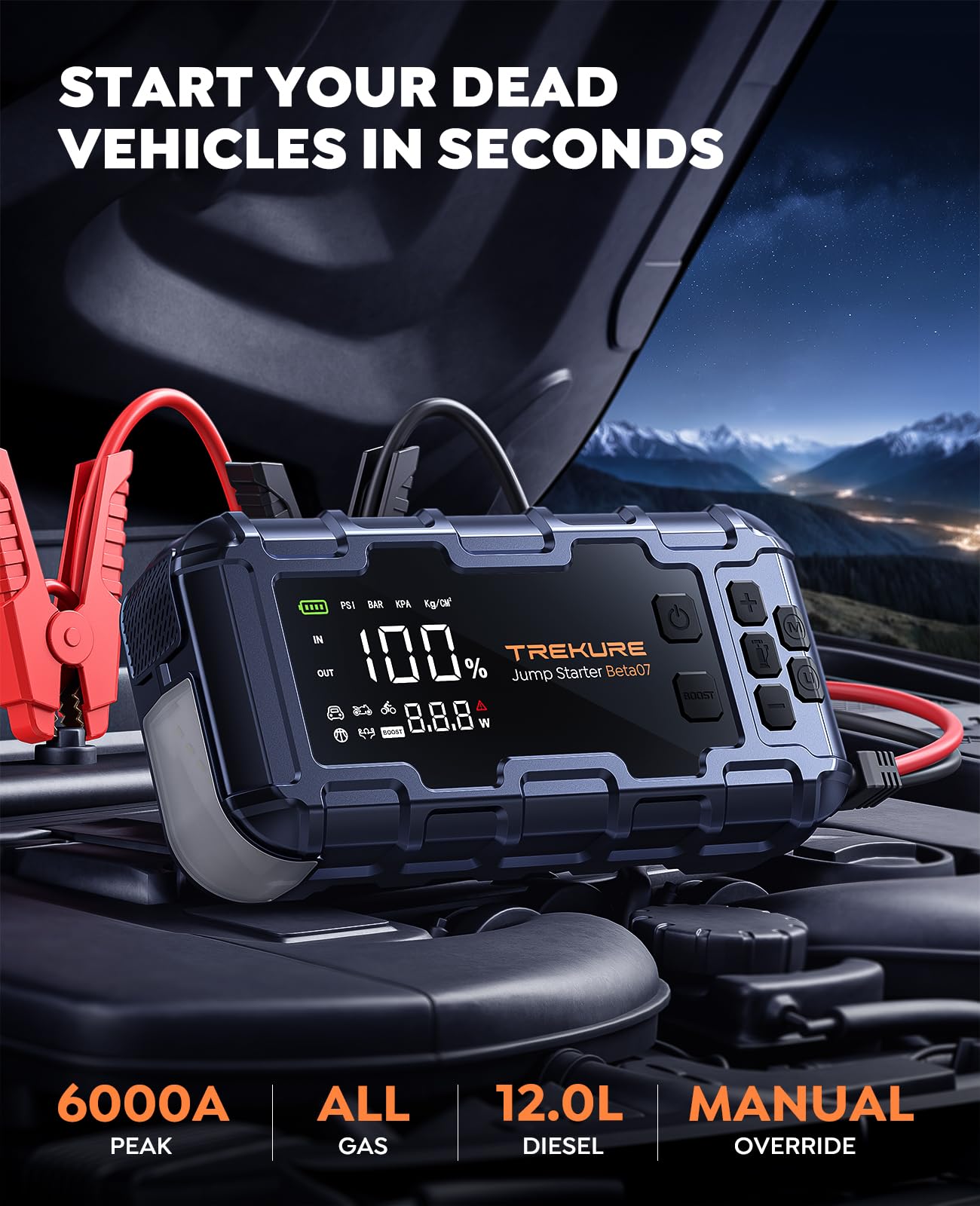 TREKURE 10-in-1 Car Battery Jump Starter with Air Compressor 6000A 160PSI 45W Charger, Car Jump Starter Jump Box (All Gas 12L Diesel), Car Battery Jumper Starter Portable Jumper Cables, Gloves, Lights
