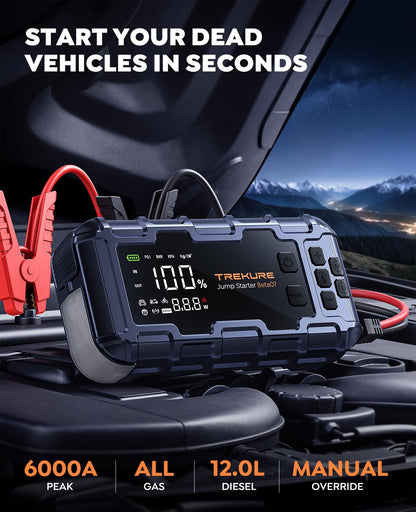 TREKURE 10-in-1 Car Battery Jump Starter with Air Compressor 6000A 160PSI 45W Charger, Car Jump Starter Jump Box (All Gas 12L Diesel), Car Battery Jumper Starter Portable Jumper Cables, Gloves, Lights