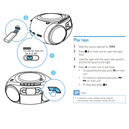 Philips Portable CD Player Boombox - Portable MP3 Player and Cassette Tape Player, Boom Box Compact Stereo Sound System with Dynamic Bass Boost, Take Your Music Outside with USB HiFi Music Player