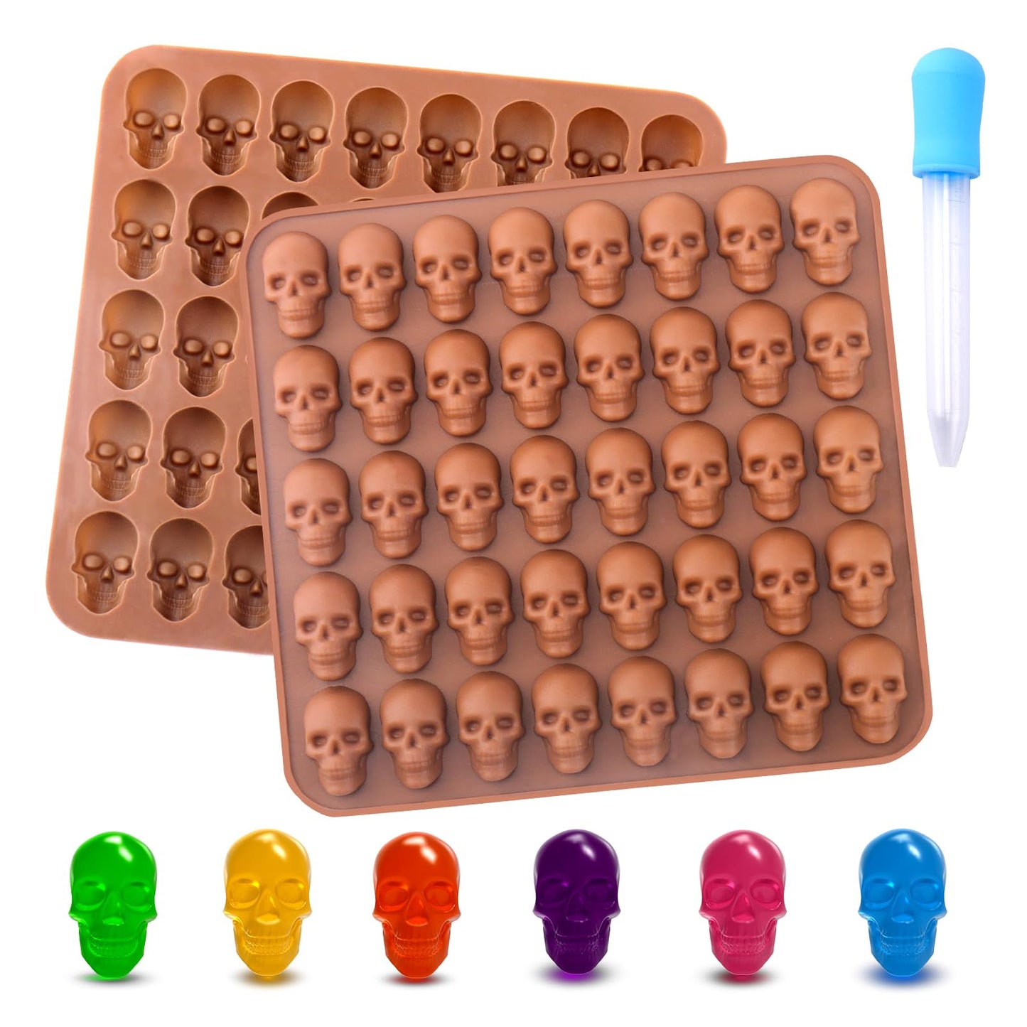 BUSOHA Gummy Skull Candy Molds Silicone, 2 Pack 40 Cavity Non-Stick Skull Silicone Molds with 1 Droppers for Chocolate, Candy, Jelly, Ice Cube, Dog Treats