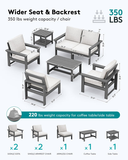 SERWALL HDPE Patio Furniture Set, 7-Piece Outdoor Sectional Sofa Set, All Weather Outdoor Couch Set for Deck, Lawn, Grey Frame with Khaki Cushion