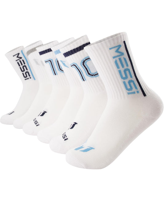 Messi Boys Lifestyle Crew Socks, 6-Pack Kids Socks, Soft & Stretchy, Comfortable, White