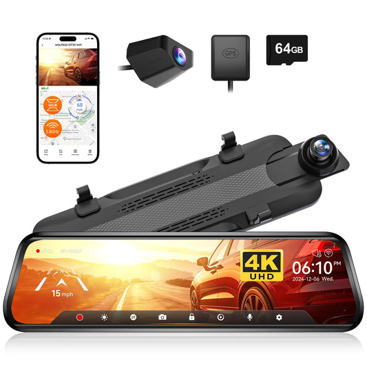 WOLFBOX G930 10'' Rear View Mirror Camera with 5.8GHz WiFi, 4K Dash Cam Front and Rear with WDR, Touch Screen Rearview Mirror Backup Camera, Parking Monitor, Reverse Assist, Includes 64GB Card & GPS