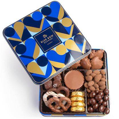 Blue Bow Gourmet Artisanal Chocolate Assortment Gift Tin for Christmas, Birthday, Thank You