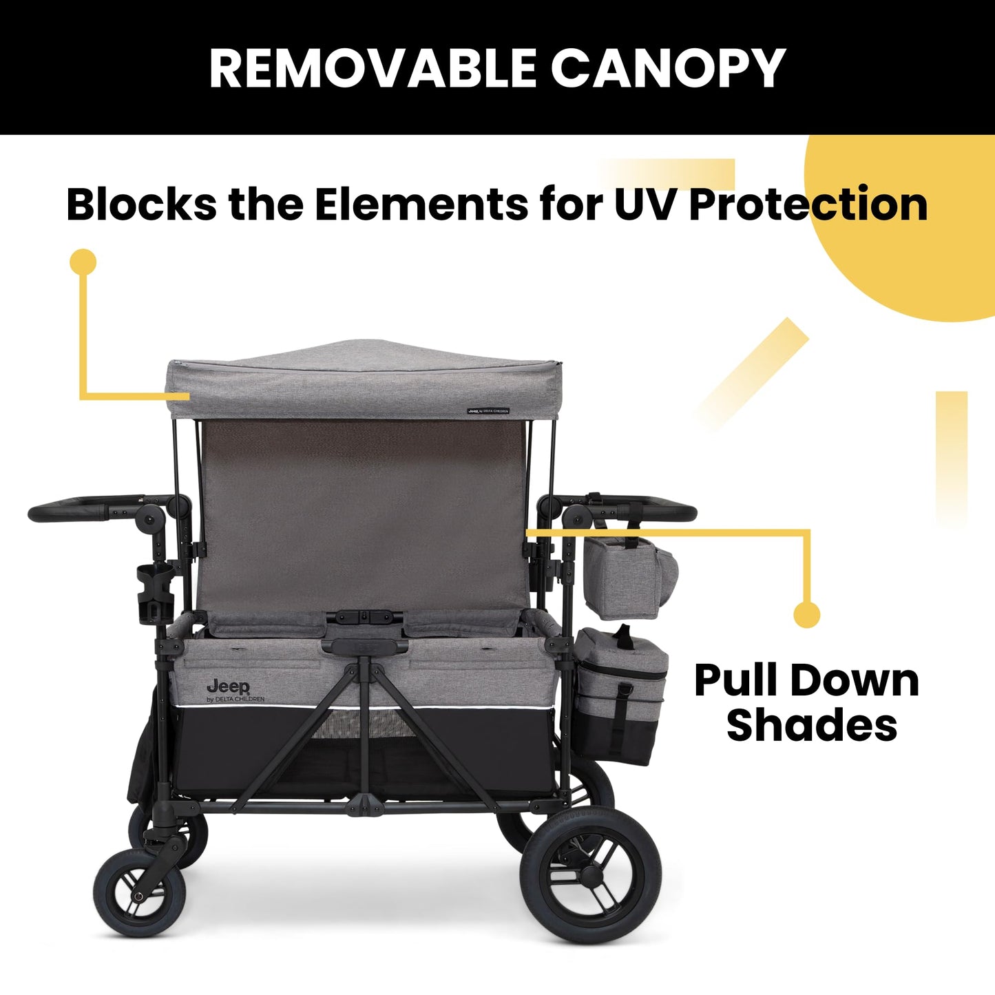 Jeep Wrangler Deluxe 4 Seater Stroller Wagon by Delta Children - Premium Quad Stroller Wagon for 4 Kids with Convertible Seats, Adjustable Push/Pull Handles, Removable Canopy & Flat Fold, Grey