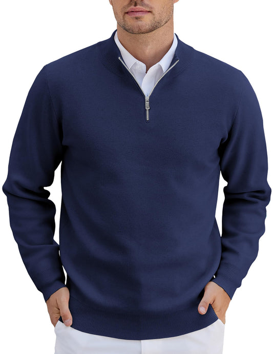 COOFANDY Mens Half Zip Sweaters Slim Fit Long Sleeve Texture Knitted Pullover Sweaters with Zipper Navy Blue XX-Large