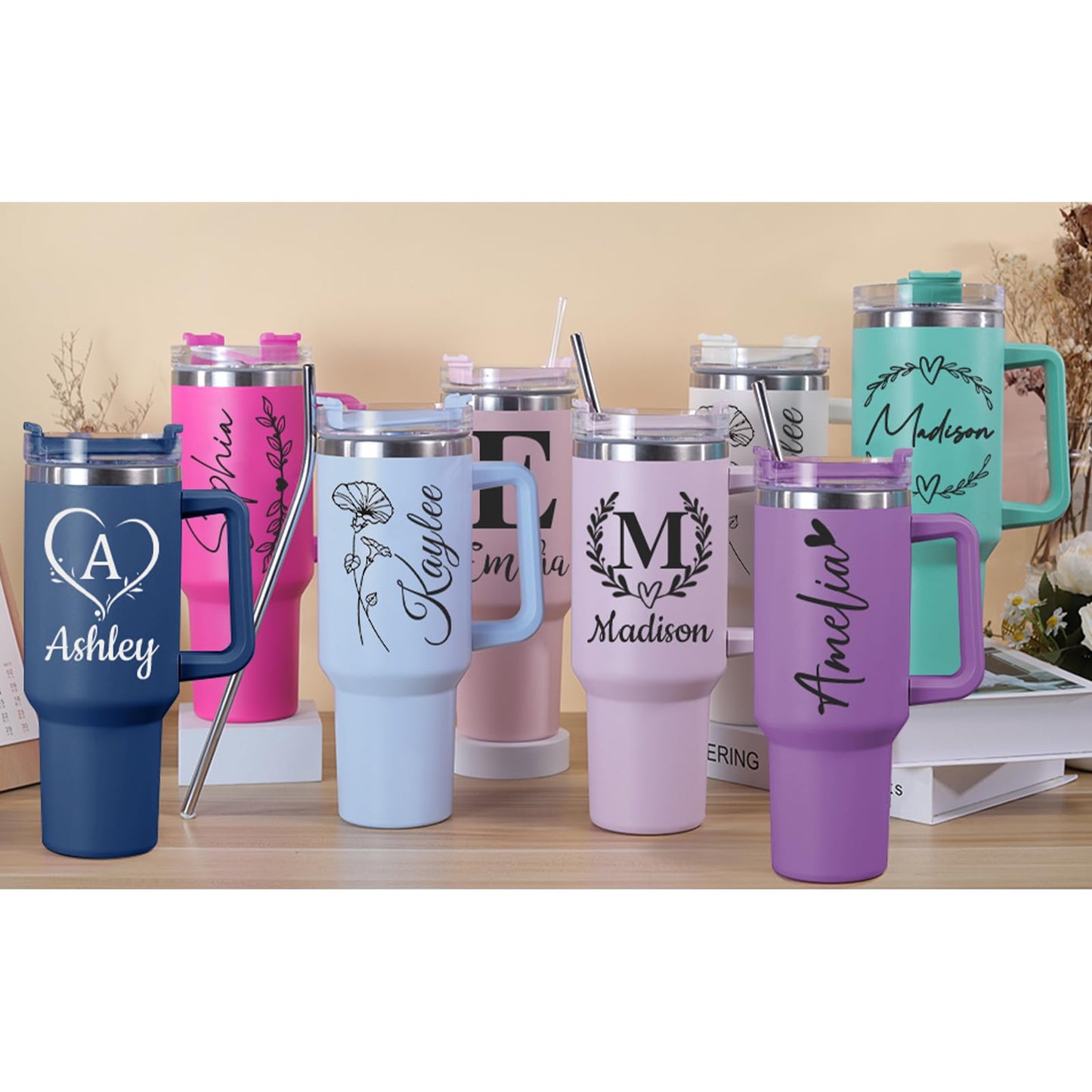 Elemtansy Ships Next Day, Personalized 40 Oz Tumbler with Handle and Straw, Custom Stainless Steel Insulated Tumbler with Name Travel Coffee Mug Personalized Gifts for Women Girls