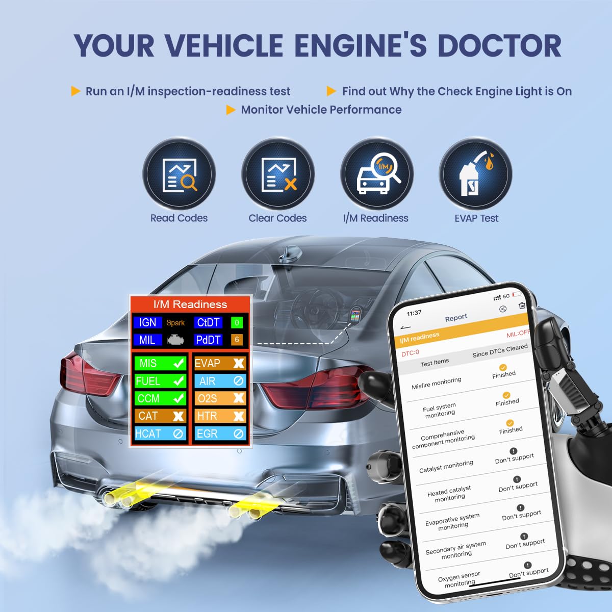 ANCEL BD310 OBD2 Scanner Diagnostic Tool - 3 in 1 OBD2 Scanner Bluetooth - App Based OBDII Scan Tool for Android & iPhone - Check Engine Light Code Reader - Wired, Bluetooth, and Heads-up Display