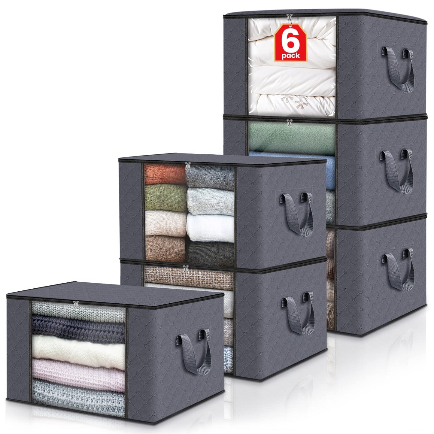 Fab totes 6 Pack Clothes Storage, Foldable Blanket Storage Bags, Storage Containers for Organizing Bedroom, Closet, Clothing, Comforter, Organization and Storage with Lids and Handle, Grey