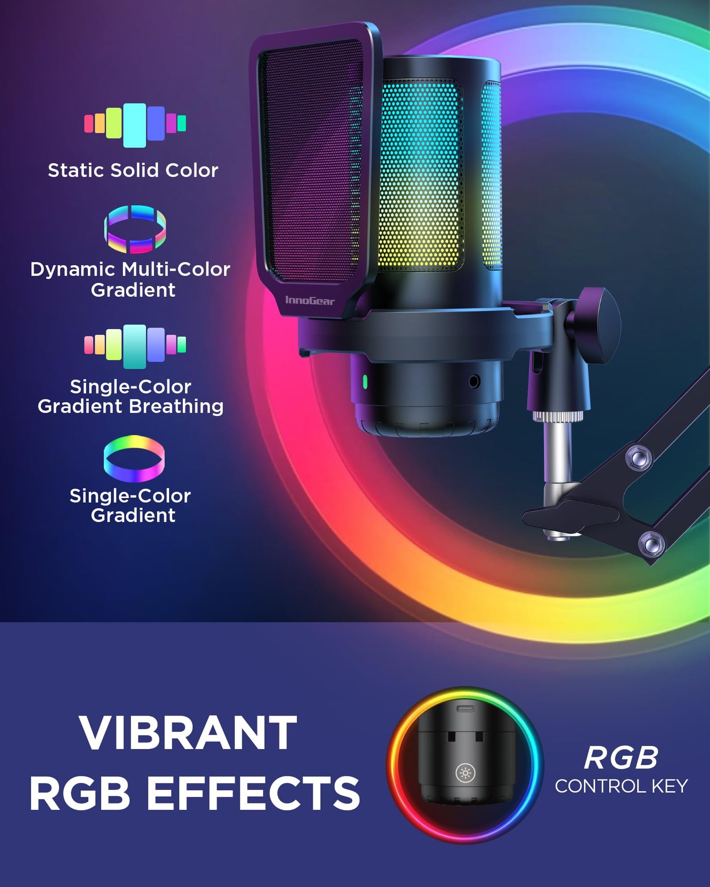 InnoGear Gaming USB Microphone, Noise Cancellation Condenser Mic with Mute, Gain, RGB Indicator, Boom Arm Stand for Streaming, Podcast, Twitch, YouTube, Discord, PC, Computer, PS4, PS5, Mac, Black