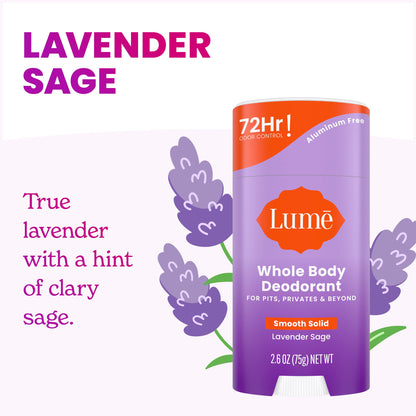 Lume Whole Body Deodorant - Smooth Solid Stick - 72 Hour Odor Control - Aluminum Free, Baking Soda Free and Skin Safe - 2.6 Ounce (Pack of 2) (Lavender Sage)