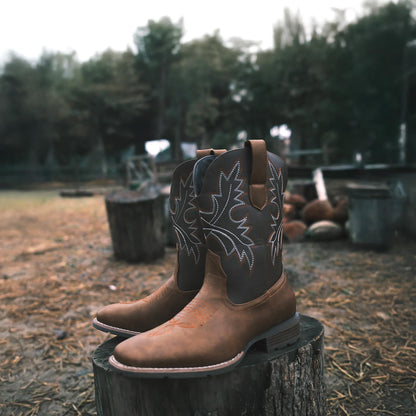 Lumeheel Cowboy Boots for Men - Western Square Toe Men's Brown Boots with Classic Embroidered, Slip on Chunky Heel for Spring Fall 10.5M