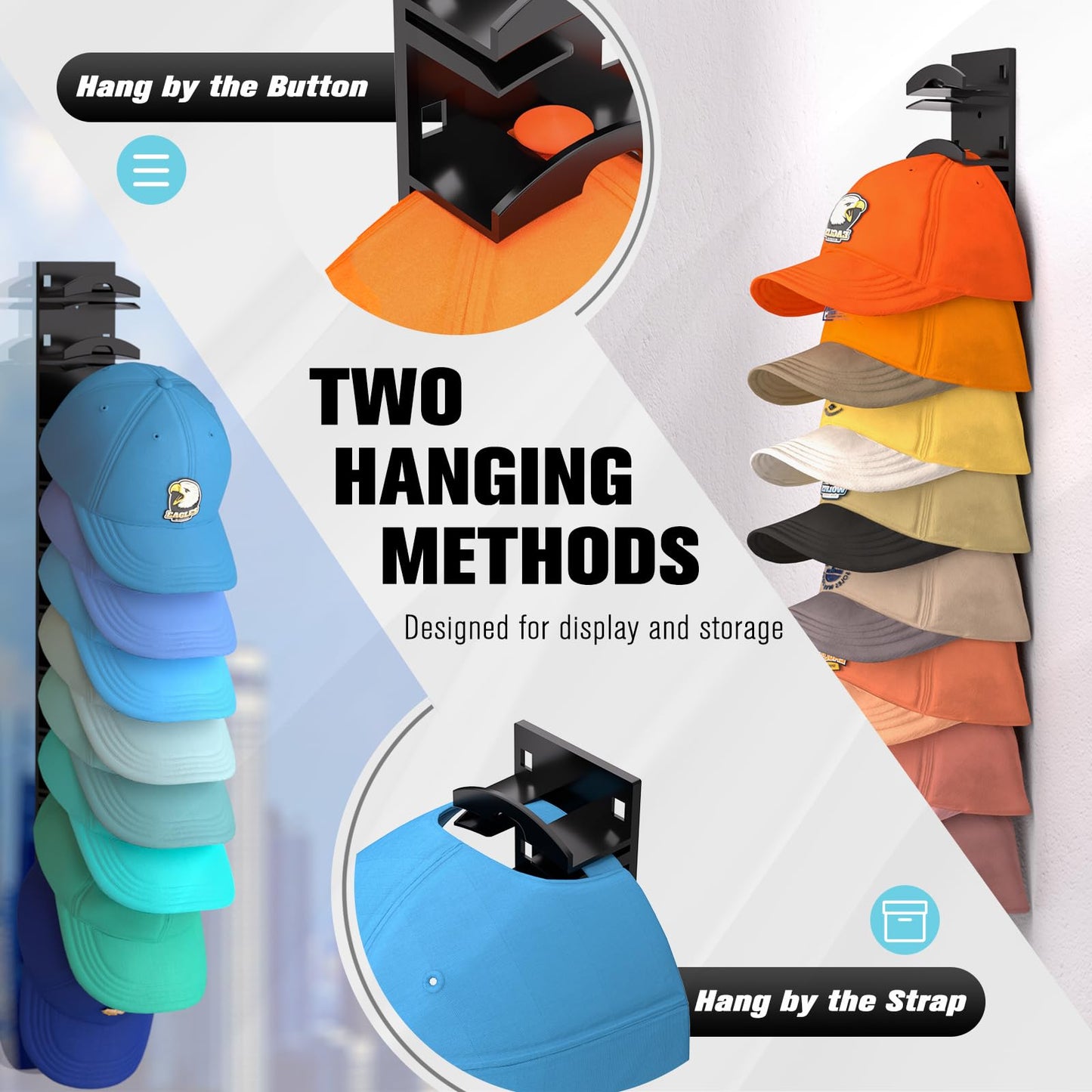 Hat Organizer for Baseball Caps 2Pack, Hat Rack for Wall with Strong Adhesive Hold up to 20 Hats, Hat Hanger Holder Display for Door Closet, Cap Organizer Storage Multilayer Two Mounting Option(Black)